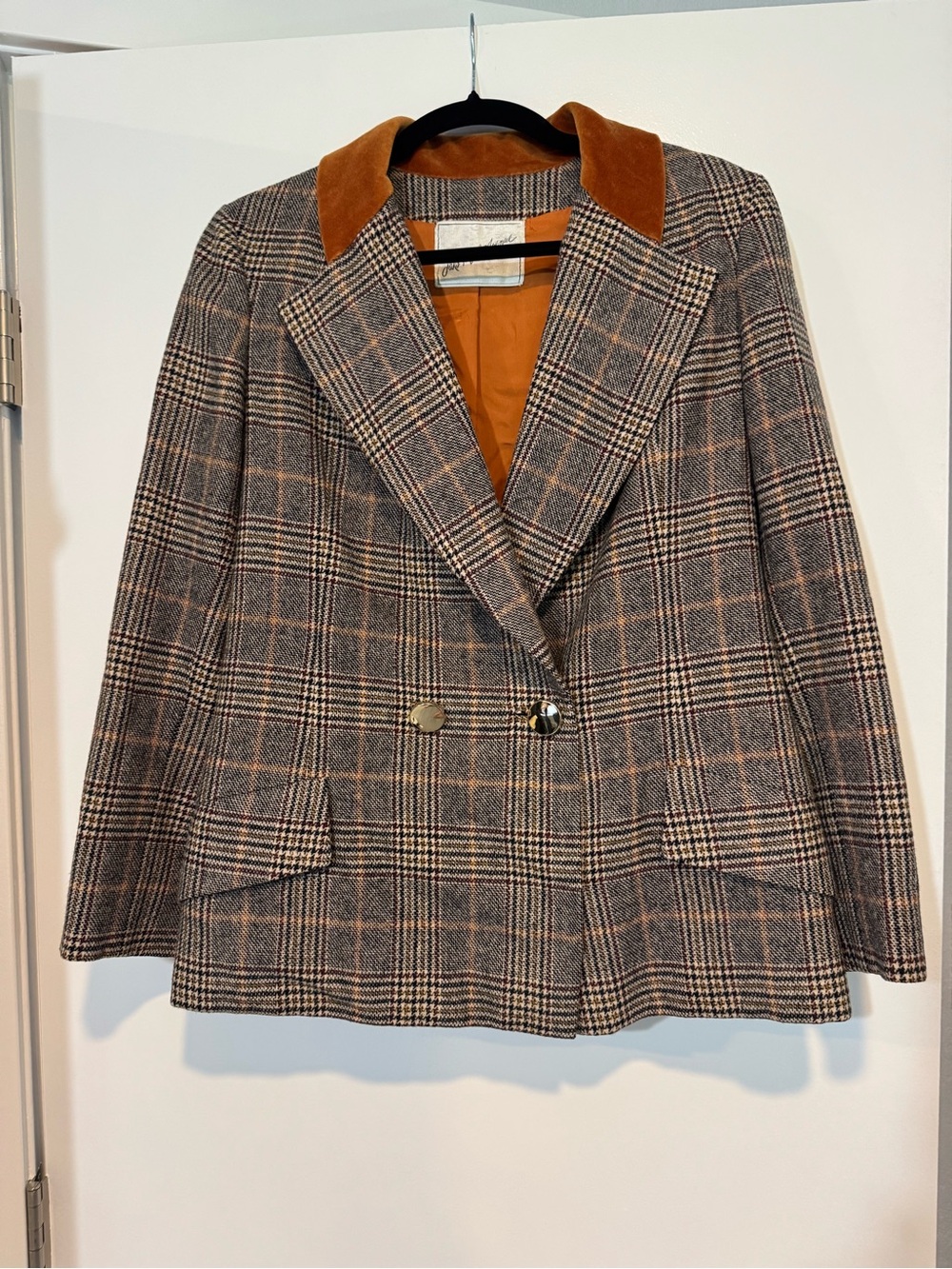 Womens Plaid Double-Breasted Blazer with Contrast Collar - Brown